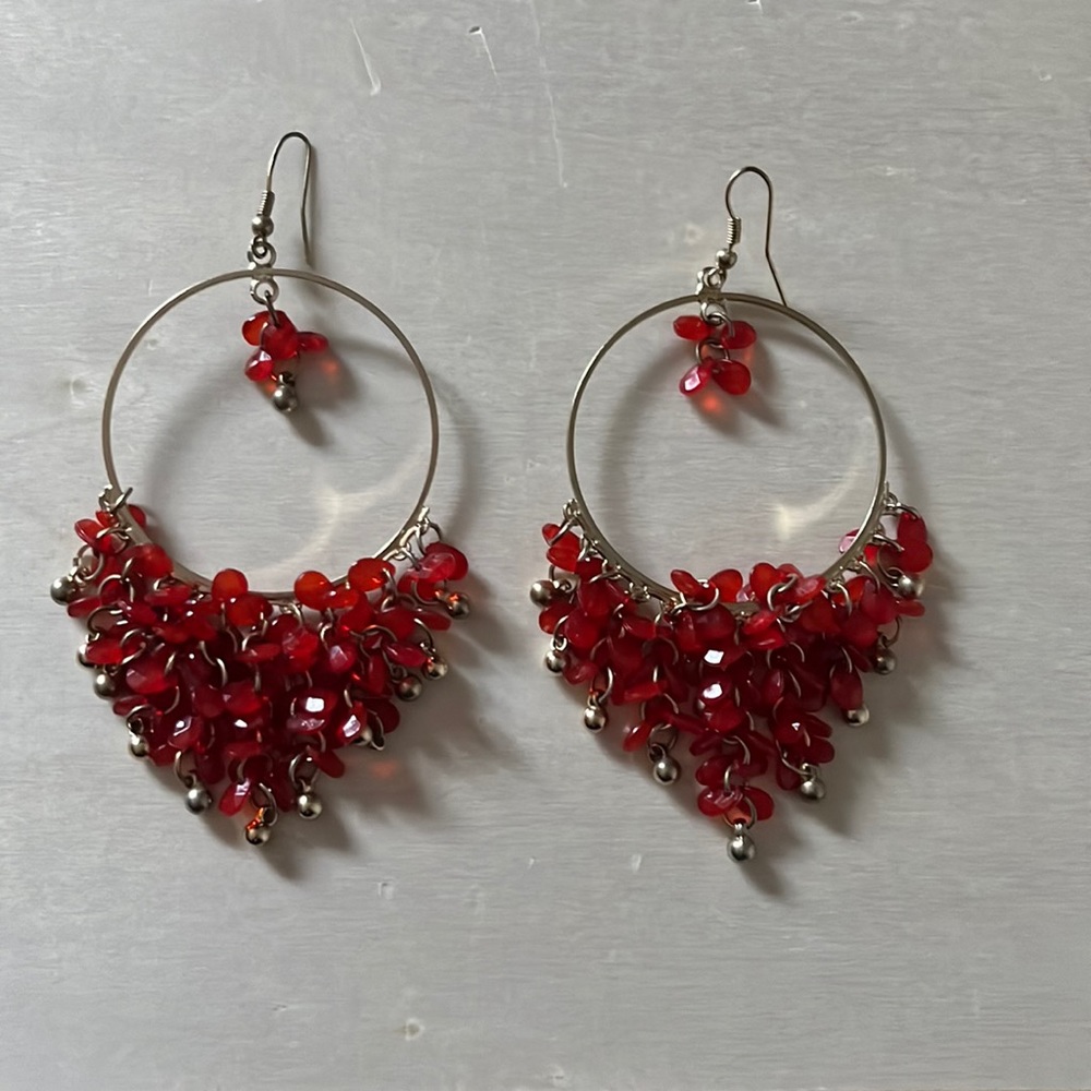 Gold and Red Jewel Vintage Hoop Earrings